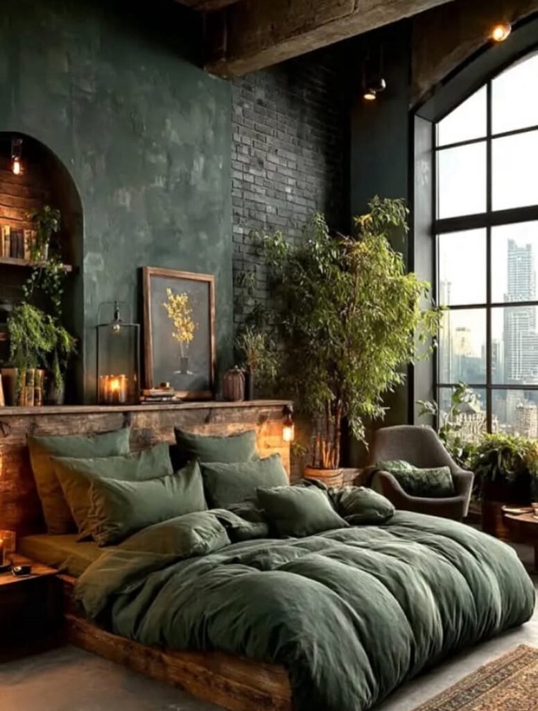 Green Industrial Romantic Bedroom