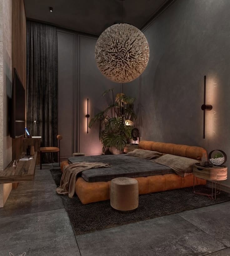 Sculptural Moody Bedroom