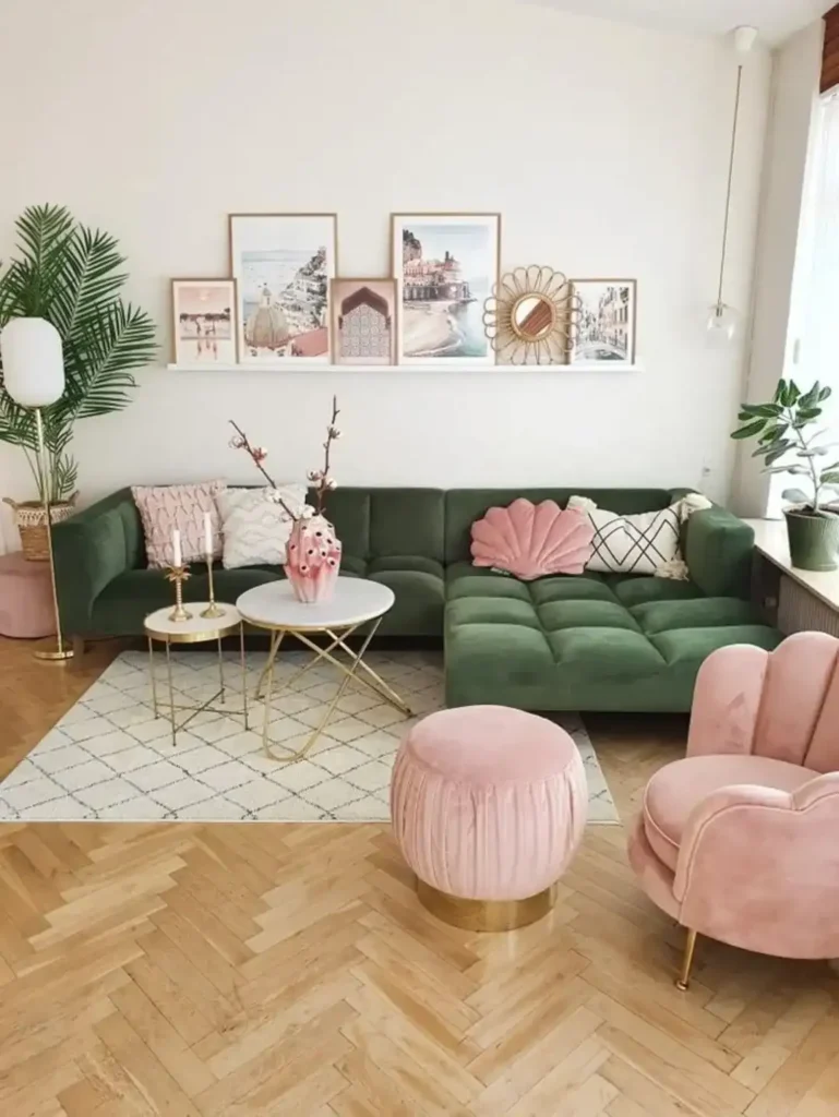 Add Personality With a Green Sofa and Blush Accents