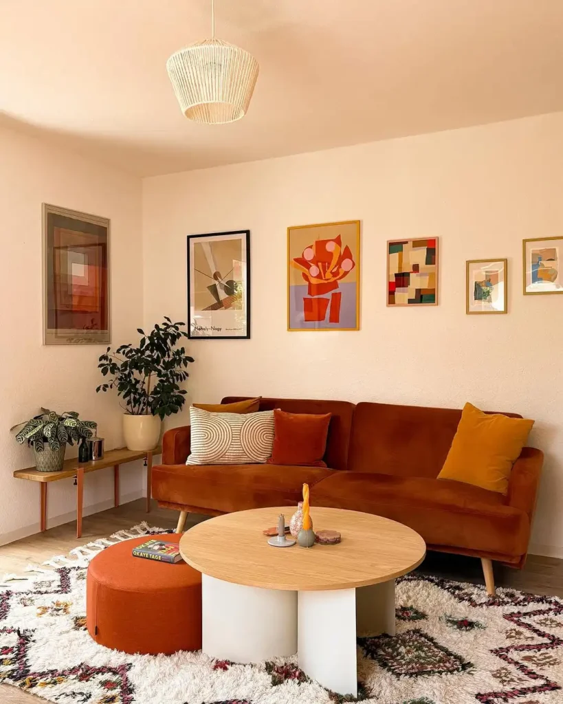 Make a Small Room Interesting With a Rust-Colored Sofa