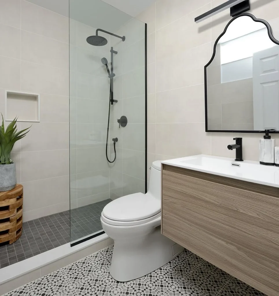 Pale Tiles With a Long Floating Vanity