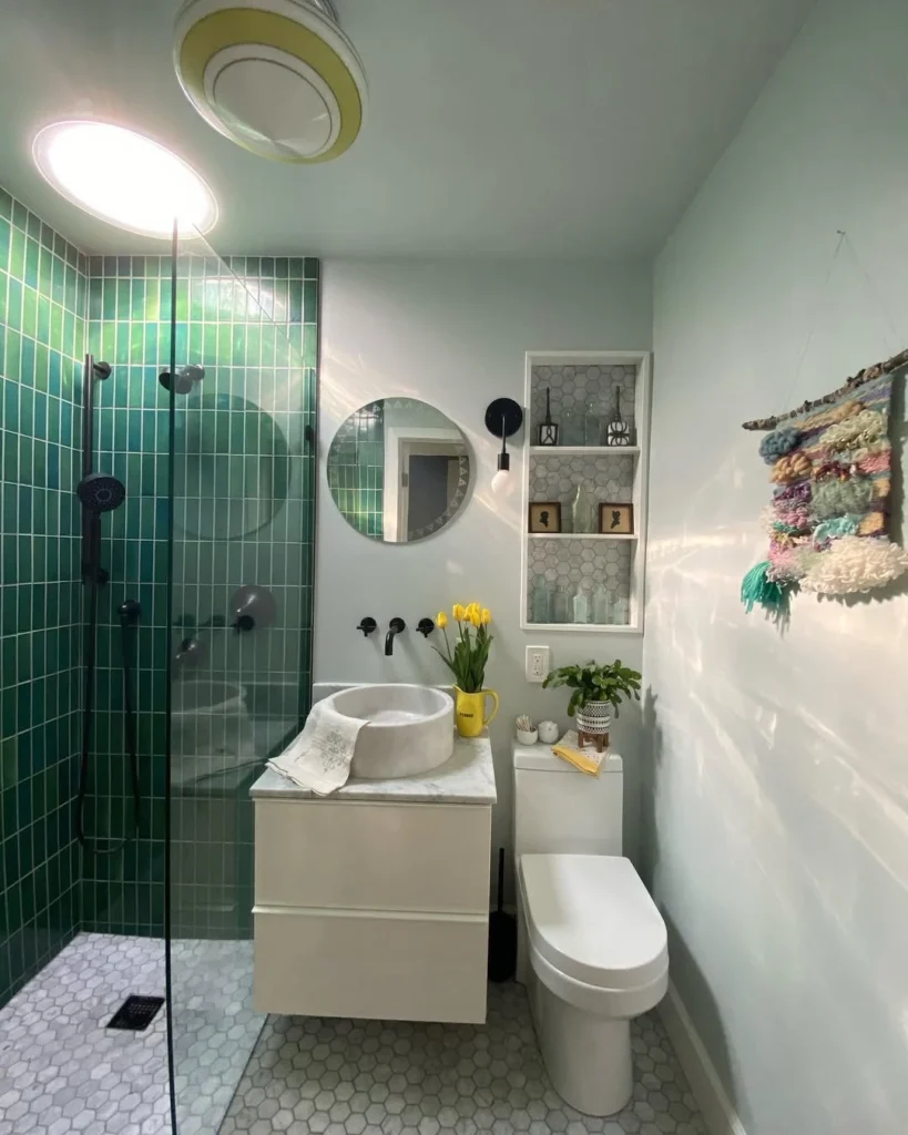 Small Bathroom With Green Shower Tile