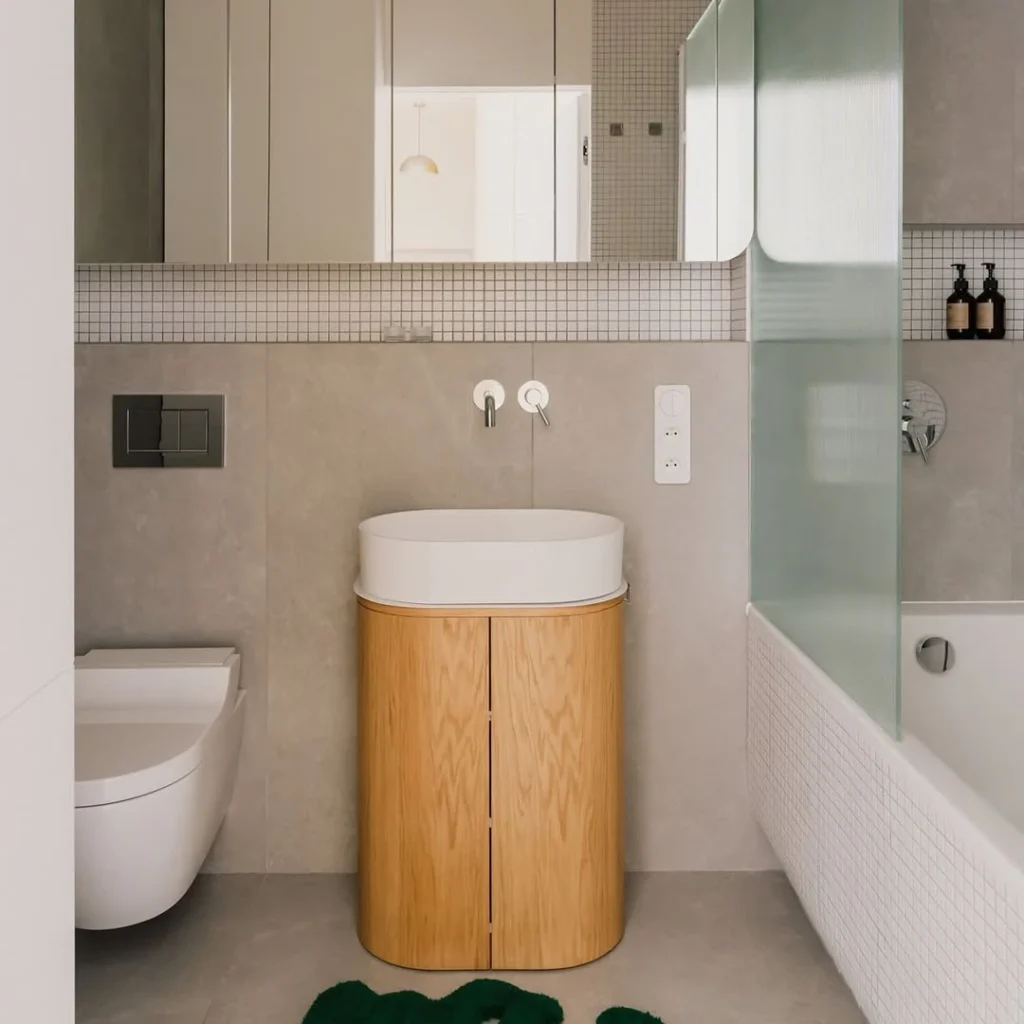 Soft Beige With a Rounded Wood Vanity