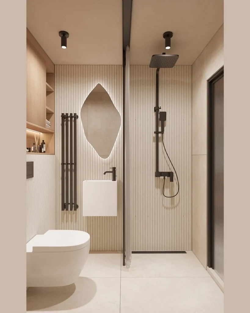 Warm Neutral Bathroom With Fluted Walls