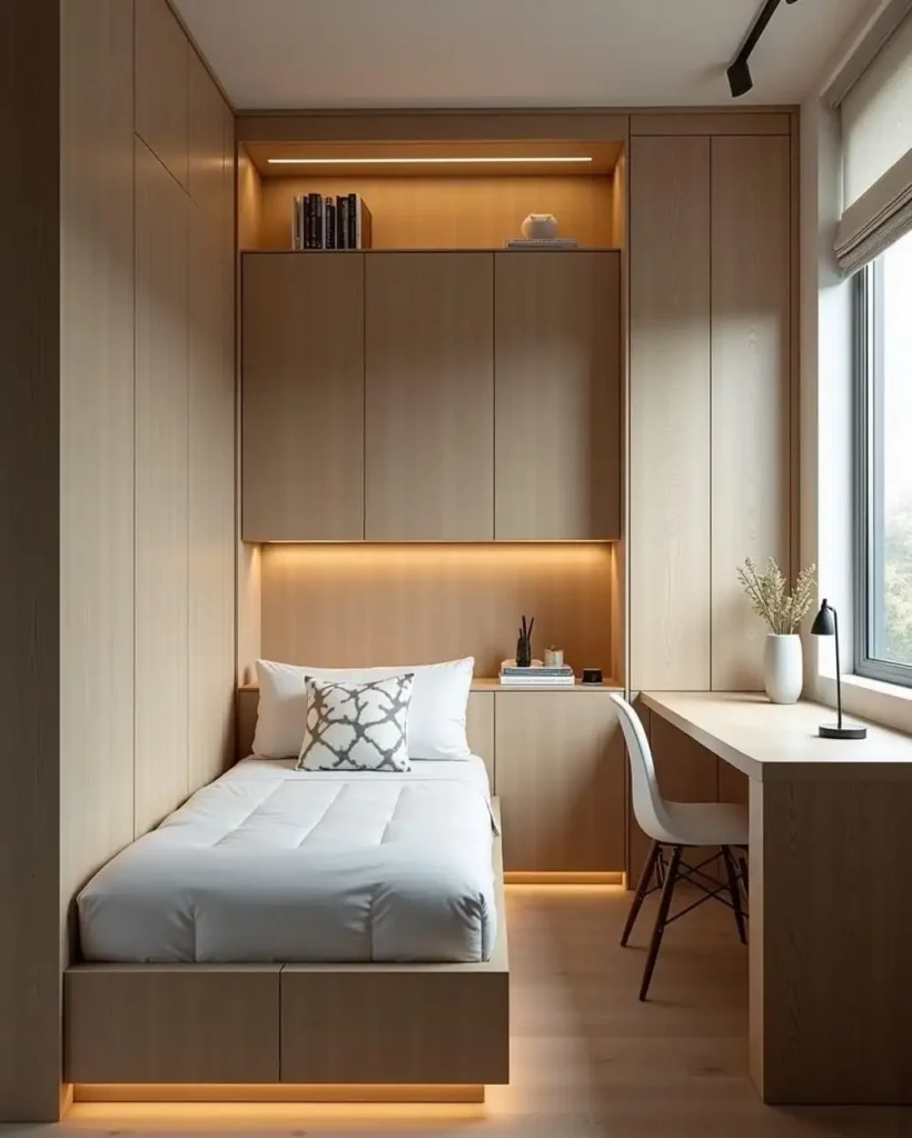 Warm Wood Built-Ins for a Narrow Room